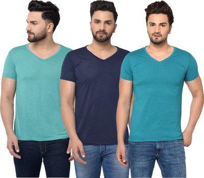 Jangoboy Solid Men V Neck Dark Blue, Light Blue T-Shirt