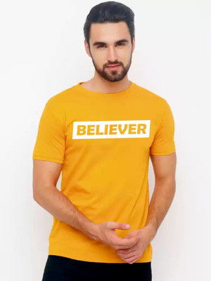 sms creation Typography Men Round Neck Yellow T-Shirt