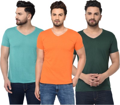 Jaskart Solid Men V Neck Dark Green, Green, Orange T-Shirt