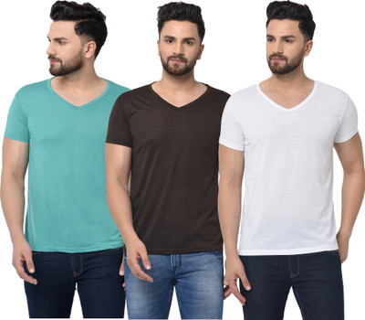Jangoboy Solid Men V Neck Light Blue, White, Brown T-Shirt