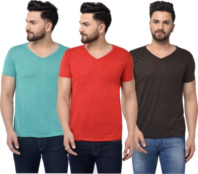 Jaskart Solid Men V Neck Light Blue, Red, Brown T-Shirt