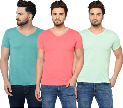 Jangoboy Solid Men V Neck Green, Pink T-Shirt