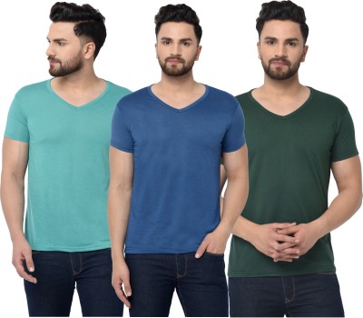 Jaskart Solid Men V Neck Dark Blue, Dark Green, Green T-Shirt