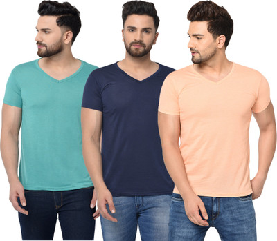 Jangoboy Solid Men V Neck Dark Blue, Light Blue, Orange T-Shirt