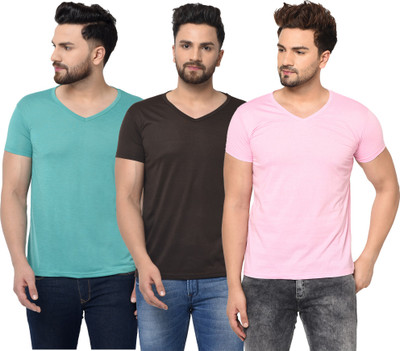 Jangoboy Solid Men V Neck Brown, Blue, Pink T-Shirt