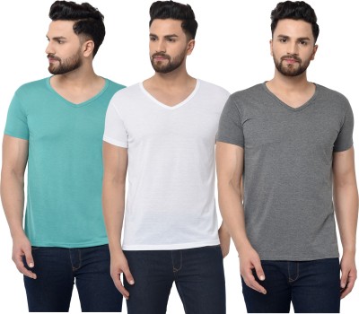 Jaskart Solid Men V Neck Light Blue, White, Grey T-Shirt