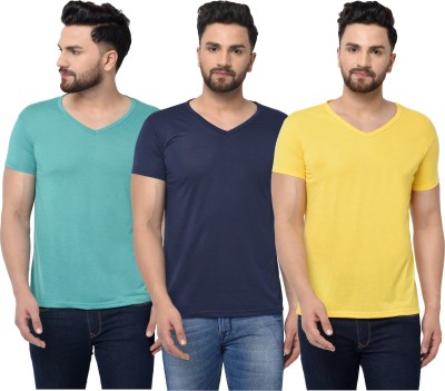 Unite Wear Solid Men V Neck Dark Blue, Light Blue, Yellow T-Shirt