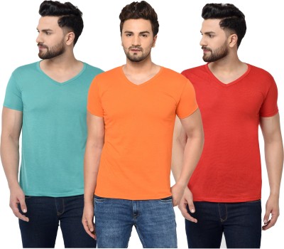 Jaskart Solid Men V Neck Red, Orange, Light Green T-Shirt