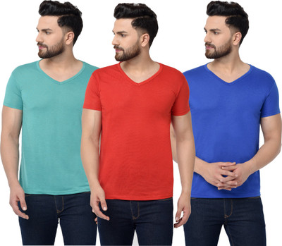 Jangoboy Solid Men V Neck Light Blue, Red, Blue T-Shirt