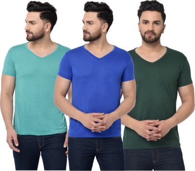 Jaskart Solid Men V Neck Dark Green, Light Blue, Blue T-Shirt