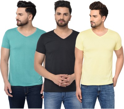 Jaskart Solid Men V Neck Blue, Black, Yellow T-Shirt