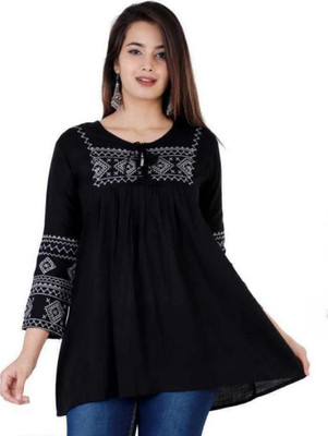 molisha Casual 3/4 Sleeve Embroidered Women Black Top