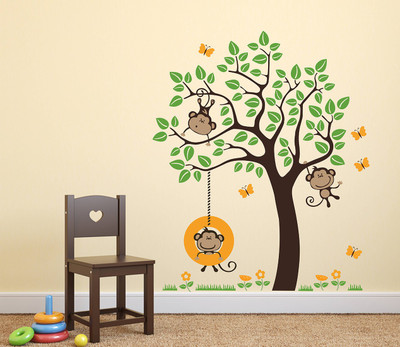 fuzzy 100 cm monkeys tree Self Adhesive Sticker(Pack of 1)