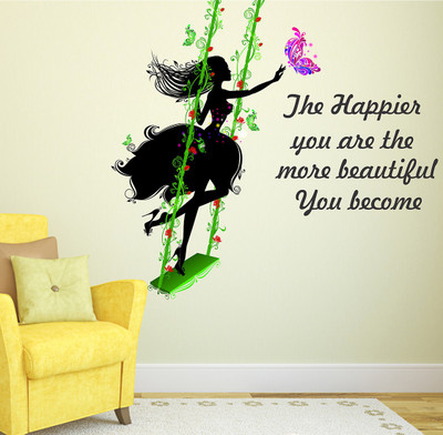 LANSTICK 96.52 cm GIRL PLAYING IN SWING WITH BUTTERFLY THE HAPPIER QUOTE STICKER Self Adhesive Sticker(Pack of 1)