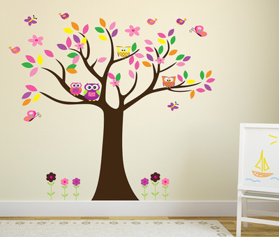 fuzzy 100 cm bird tree Self Adhesive Sticker(Pack of 1)