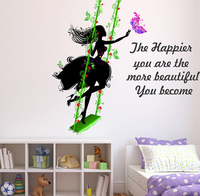 WALL STICKS 96.52 cm GIRL PLAYING IN SWING WITH BUTTERFLY THE HAPPIER QUOTE STICKER Self Adhesive Sticker(Pack of 1)