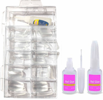 LikeUp 100 Tips Silicon made Artificial Transparent Finger Empress Curve Fake Nails with brush glue Transparent(Pack of 100)