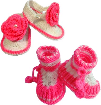 Kidzoo Set of 2 pair Handmade Crochet Woolen Baby Shoes /Booties and Flip Flops Slipper/ Sandals for Boys & Girls age 6 to 12 month Length is 11cm Colour Pink & White (Pair of 2) Booties(Toe to Heel Length - 11 cm, Pink & White)