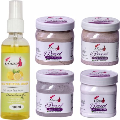 I TOUCH HERBAL PEARL SKIN WHITENING SCRUB,CREAM,PACK,GEL (500 ML X 4 ) AND SKIN PURIFYING LEMON FACE WASH 100 ML ( PACK OF 5 )(5 Items in the set)