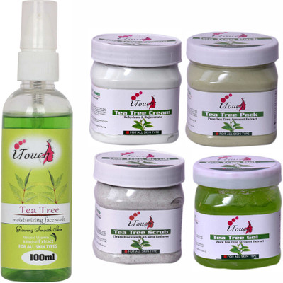 I TOUCH HERBAL TEA TREE SCRUB,CREAM,PACK,GEL (500 ML X 4 ) AND TEA TREE FACE WASH 100 ML ( PACK OF 5 )(5 Items in the set)