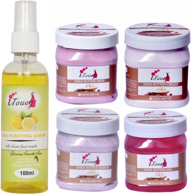 I TOUCH HERBAL SHEA BUTTER SCRUB,CREAM,PACK,GEL (500 ML X 4 ) AND SKIN PURIFYING LEMON FACE WASH 100 ML ( PACK OF 5 )(5 Items in the set)