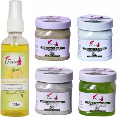 I TOUCH HERBAL ALOE VERA SCRUB,CREAM,PACK,GEL (500 ML X 4 ) AND SKIN PURIFYING LEMON FACE WASH 100 ML ( PACK OF 5 )(5 Items in the set)