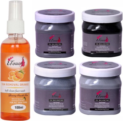 I TOUCH HERBAL CHARCOAL SCRUB,CREAM,PACK,GEL (500 ML X 4 ) AND TAN REMOVAL ORANGE FACE WASH 100 ML ( PACK OF 5 )(5 Items in the set)