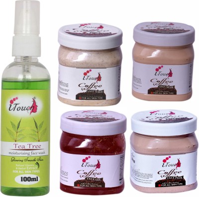 I TOUCH HERBAL COFFEE SCRUB,CREAM,PACK,GEL (500 ML X 4 ) AND TEA TREE FACE WASH 100 ML ( PACK OF 5 )(5 Items in the set)