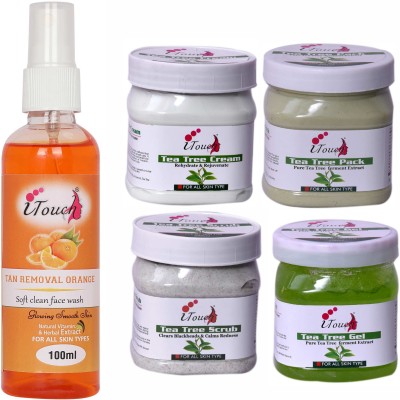 I TOUCH HERBAL TEA TREE SCRUB,CREAM,PACK,GEL (500 ML X 4 ) AND TAN REMOVAL ORANGE FACE WASH 100 ML ( PACK OF 5 )(5 Items in the set)
