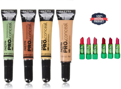 SHEFFO CONCEALER PACK OF 4( Orange, green, yellow, creamy beige) 8g each Concealer With 6 multicolored lipstick(10 Items in the set)