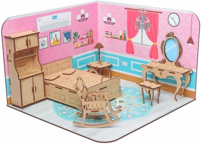 Webby DIY Dreamy Bedroom with Furniture Wooden Dollhouse Kit for Kids(Multicolor)