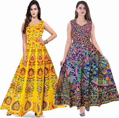 Shrisay fashion Women A-line Yellow, Multicolor Maxi/Full Length Dress