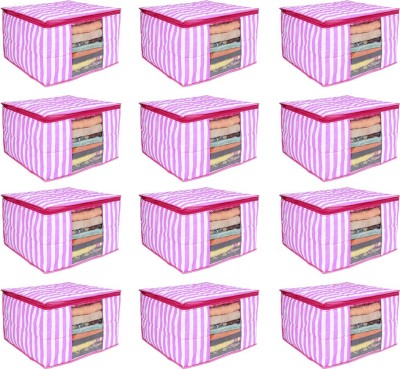 PrettyKrafts 3 layered Quilted saree Cover Bag/ wardrobe organizer with transparent window (Pack of 12), Pink Stripes(Pink)