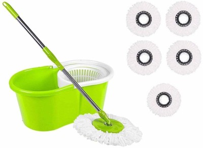 JSN Easy Magic Spin Floor Mop 360 Degree Bucket Mop with Plastic Spinner 2 Refill Mop Set(Green)