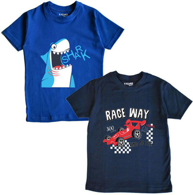 ETCHED DESIGN Boys Printed Cotton Blend Regular T Shirt(Dark Blue, Pack of 2)