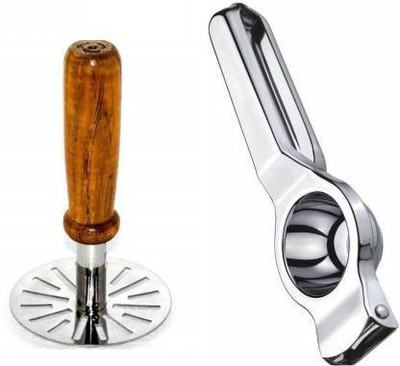 Country hub Lemon Squeezer with Potato Masher Lemon Squeezer with Potato Masher Silver Kitchen Tool Set (Silver)Wooden Handle Potato Masher for Mash the Potato Pratha Rice Fruit Pav Bhaji Masher,Best Lemon Squeezer Neebu Nichod with Bottle opener Juicer Crusher Nibbu Nichod Stainless Steel Lemon Squ