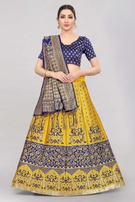 Divastri Self Design Semi Stitched Lehenga Choli(Yellow, Dark Blue)