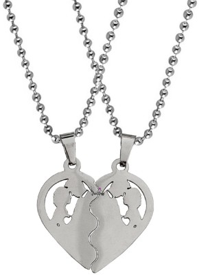 Sullery Couple Lover's Valentine Special Broken Two Half Heart Shape Love Heart Heartbeat Lifeline 2Pc Couple Locket With 2 Chain His And Her Sterling Silver Stainless Steel Pendant