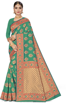 manvaa Woven Banarasi Silk Blend Saree(Green)