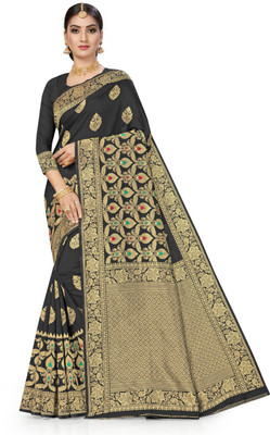 Shadow & Saining Woven Banarasi Silk Blend Saree(Black)
