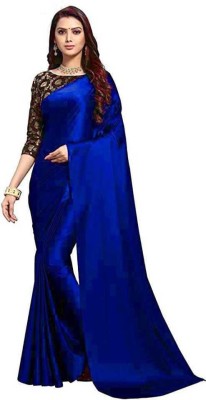Aruna Sarees Solid/Plain Bollywood Satin Saree(Dark Blue)