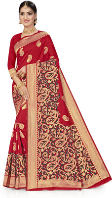 manvaa Woven Kanjivaram Silk Blend Saree(Red)