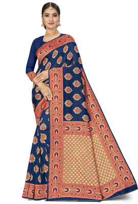 Shadow & Saining Woven Banarasi Silk Blend Saree(Blue)