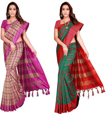 PRIYANSH CREATION Checkered Daily Wear Cotton Silk Saree(Pack of 2, Red)