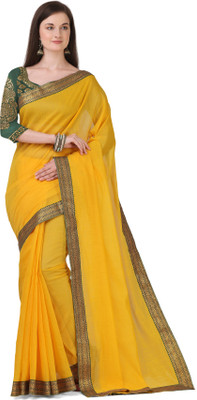 FABMORA Solid/Plain Chanderi Cotton Blend Saree(Yellow)