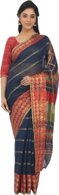 Leeza Store Striped Kota Doria Cotton Blend Saree(Dark Blue)