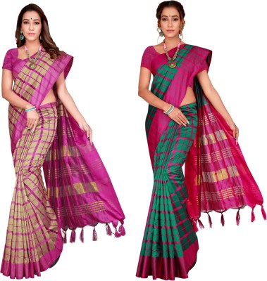 Shaibo saree Checkered Chettinadu Cotton Silk Saree(Pack of 2, Green, Beige)