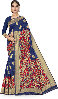 manvaa Woven Kanjivaram Silk Blend Saree(Blue)