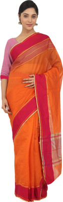 Leeza Store Checkered Chettinadu Silk Blend Saree(Orange)