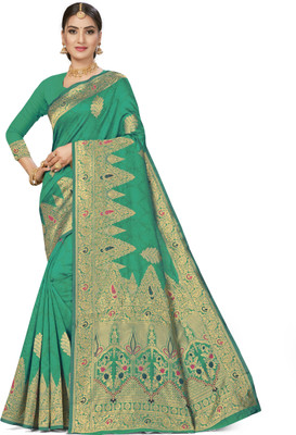 manvaa Woven Banarasi Silk Blend Saree(Green)